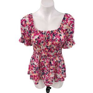BobiBlack Los Angeles Blouse Size S Pink Floral‎ Smocked Scoop Neck Pullover NWT